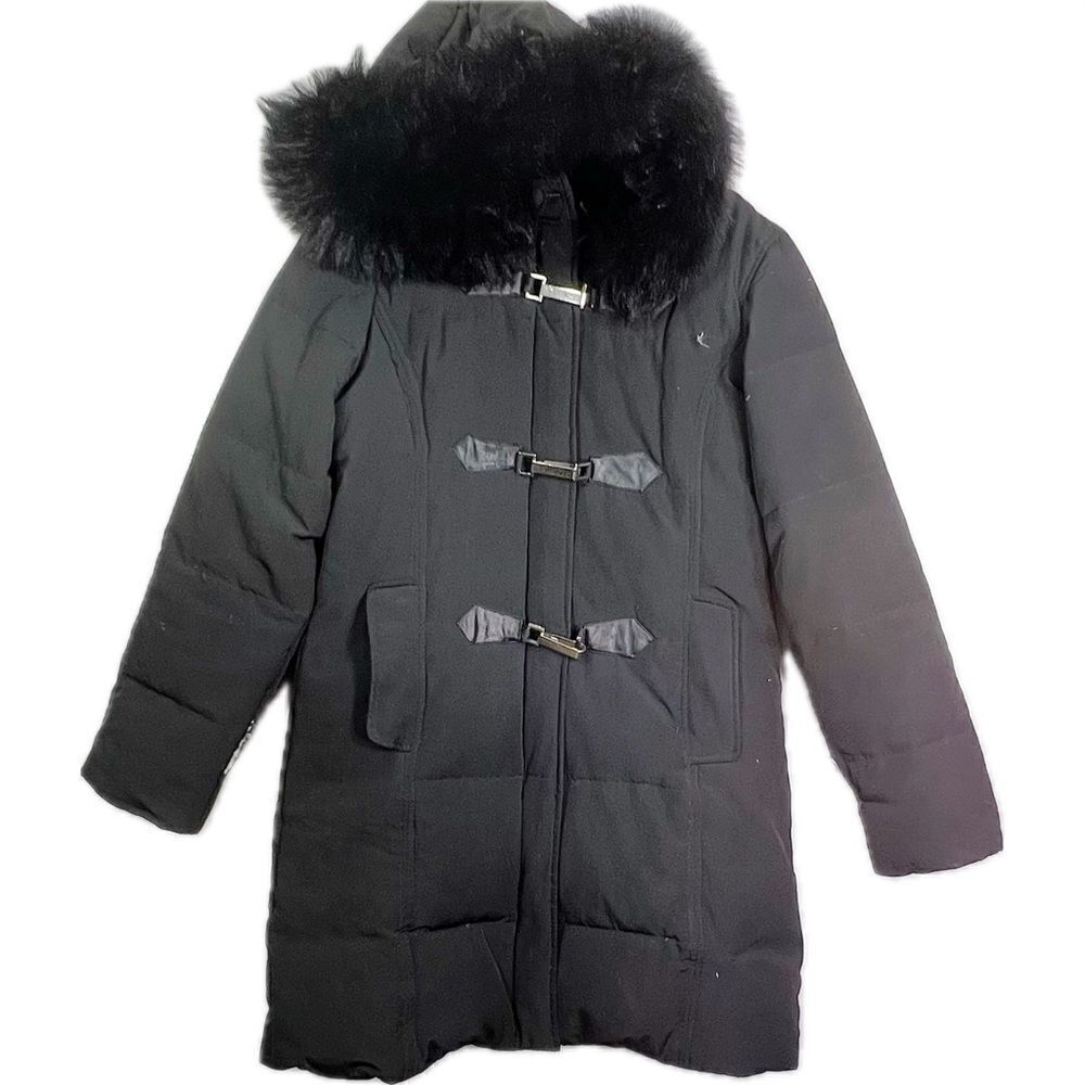 Larry Levine down, puffer coat with fox tail fur trim with flaws womens small‎